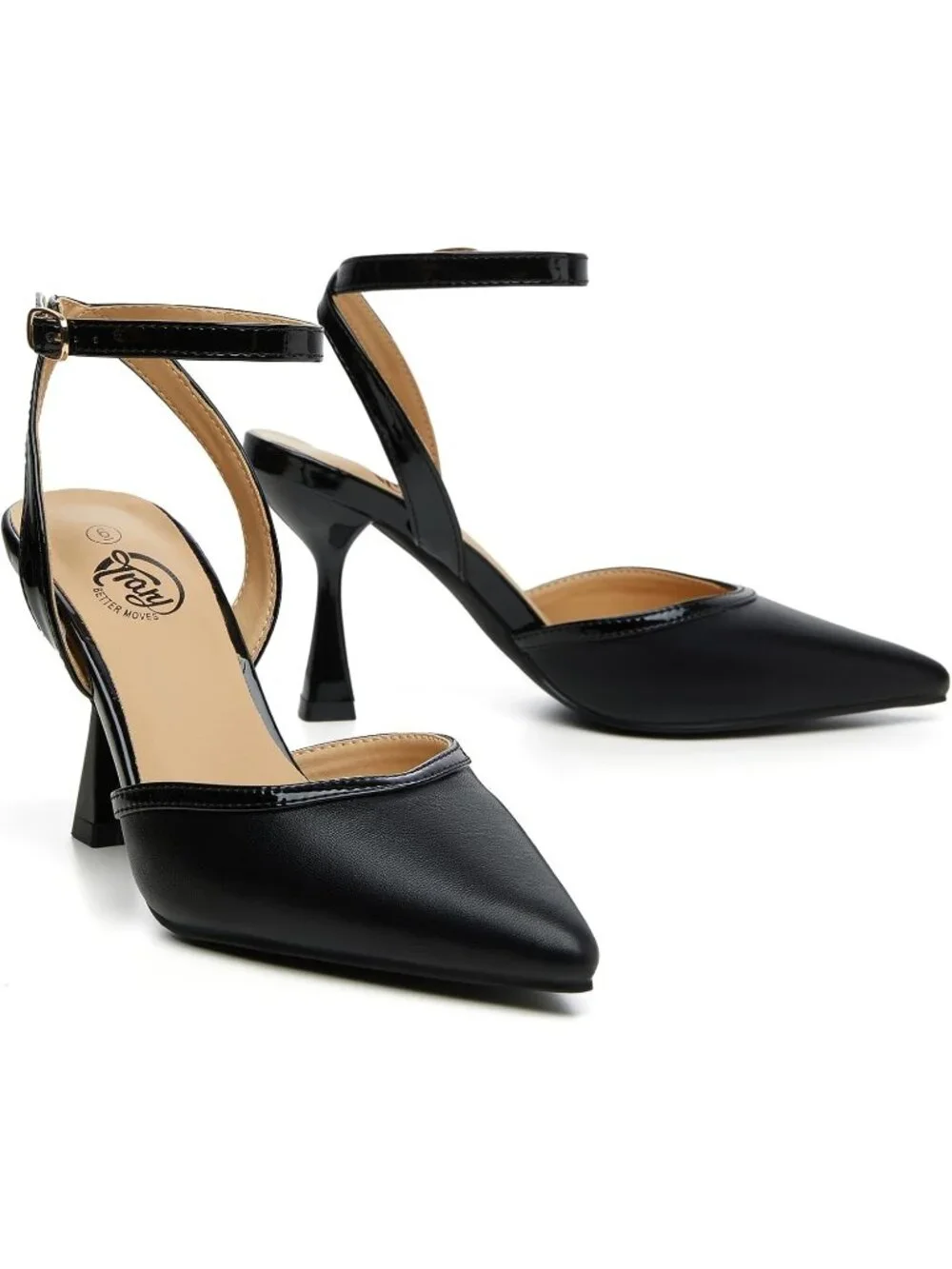 Women's Black Pu Slingback Pointed Toe Stiletto Heels Ankle Strap Dress Shoes